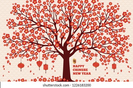 Cherry blossom background with red sakura tree and asian lanterns on white for Chinese New Year design. Vector illustration. Hieroglyph translation - blessing, good luck.