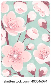 Cherry blossom background, spring flowers close up. Retro vector illustration. Design for invitation, banner, card, poster, flyer