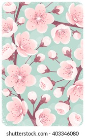 Cherry blossom background, spring flowers. Retro vector illustration. Design for invitation, banner, card, poster, flyer