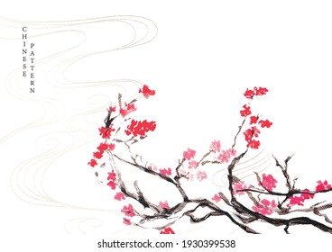 Cherry blossom background with watercolor texture vector. Floral banner with hand drawn wave pattern in vintage style.