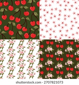 Modelo inconsútil de la baya de la flor del cerezo fijado en el fondo rosado y verde