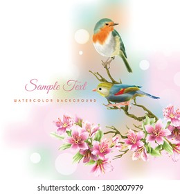 cherry blossom with bird watercolor background