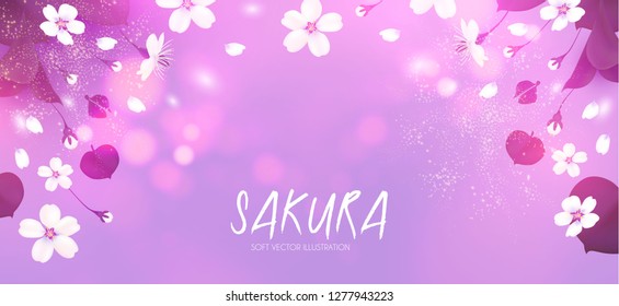 Cherry Blossom. Blooming Sakura Branches with Flowers. Bods, Petals and Bokeh Effect. Vector illustration