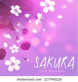 Cherry Blossom. Blooming Sakura Branches with Flowers. Bods, Petals and Bokeh Effect. Vector illustration