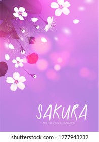 Cherry Blossom. Blooming Sakura Branches with Flowers. Bods, Petals and Bokeh Effect. Vector illustration