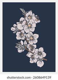 Cherry blossom botanical art vector illustration. Sakura Trendy minimalist wall art. Hand drawn silhouettes in pastel colors on dark navy blue background. March birth month flower