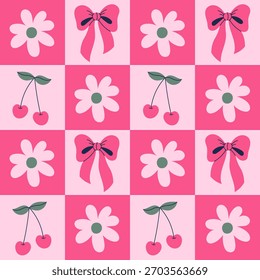 Patrón sin fisuras del arco de la flor de cerezo. Fondo geométrico Coquette de moda con Formas cuadradas rosadas, cinta de damero, baya y flor de margarita. Ilustración vectorial