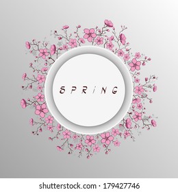 Cherry blossom branch banner. Spring sun. Vector illustration.