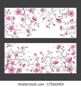 Cherry blossom branch banner. Vector illustration.