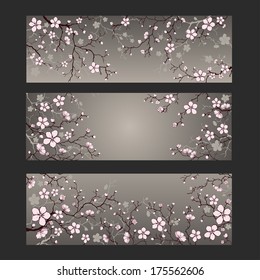 Cherry blossom branch banner. Vector illustration.