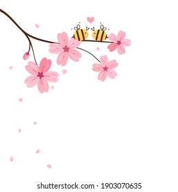 Cherry blossom branch with bee cartoon and pink heart isolated on white background vector illustration. Valentine's day. 