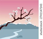 Cherry blossom branch in bloom extending over a road leading to a mountainous horizon. The sunset is creating a beautiful hue of pinks in the sky behind the snow capped peaks.