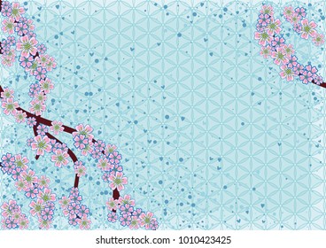 Cherry blossom branch with falling petals on a japanese background