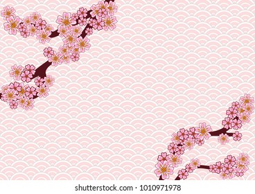 Cherry blossom branch with falling petals on a japanese background