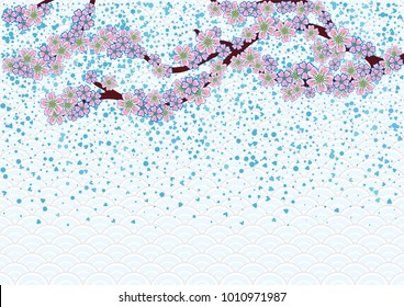 Cherry blossom branch with falling petals on a japanese background