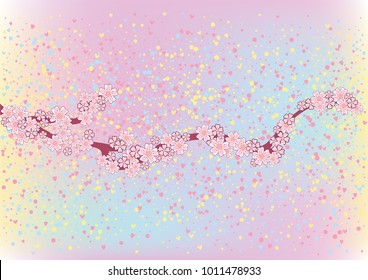 Cherry blossom branch with falling petals on a holographic background