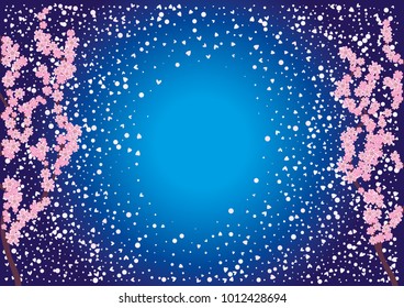 Cherry blossom branch with falling petals on a navy blue background