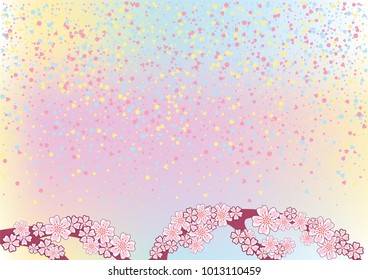 Cherry blossom branch with falling petals on a holographic background