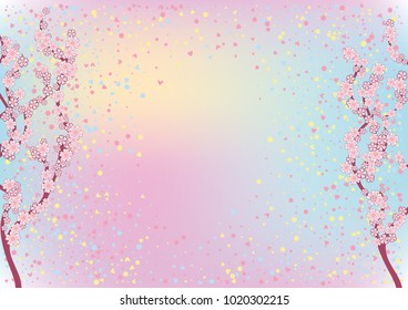 Cherry blossom branch with falling petals on a holographic background