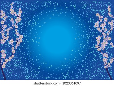Cherry blossom branch with falling petals on a blue background