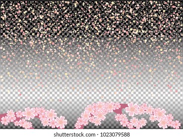 Cherry blossom branch with falling random petals isolated on transparent background