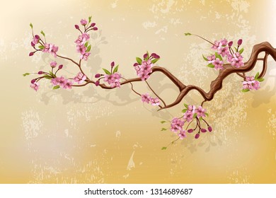 Cherry blossom branch with flowers and leaves in front of grunge wall. Realistic vector illustration