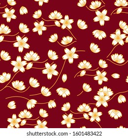 Cherry blossom branch and flowers vector art in minimal style. Seamless pattern. Chinese new year celebration decoration.