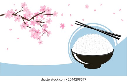 ramo de flor de cereja, pétalas voadoras, tigela de arroz e hashis ícone sinal vetor.