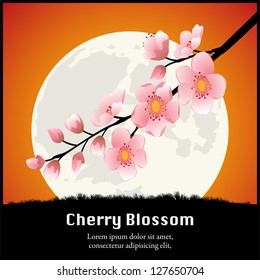 Cherry Blossom branch in front of the Moon. Vector