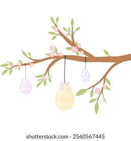 Cherry blossom branch and hanging pastel colored Easter eggs on ribbons isolated on white background. Easter illustration of painted eggs with different patterns. Easter card.