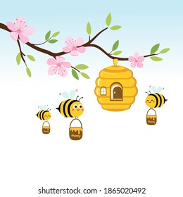 Cherry blossom branch with honeycomb and flying bee cartoons on blue blur sky background vector illustration. 