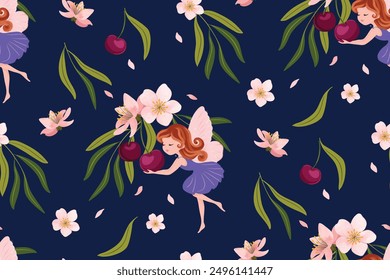 Cherry blossom branch and little fairy, seamless pattern design, vector illustration for kids artworks, fabrics, wallpapers, greeting cards, kids wear.