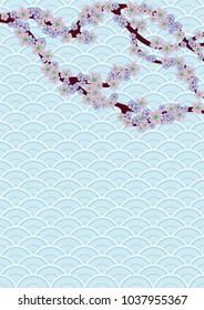 Cherry blossom branch on a japanese oriental light blue background