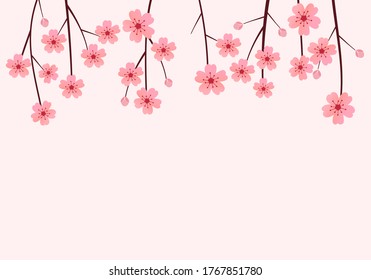 Cherry blossom branch on pastel peach color background vector illustration. Cute Sakura Japanese flower.