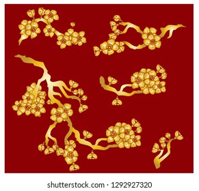 Cherry blossom with branch for printing on red background.