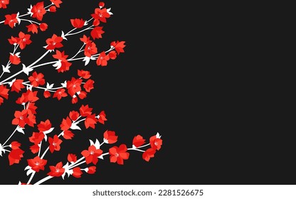 Cherry blossom branch with red flower banner, template or card. Elegant Japanese blooming twig plant with flowers. Asian Chinese spring blossoming dark background. Vector oriental illustration