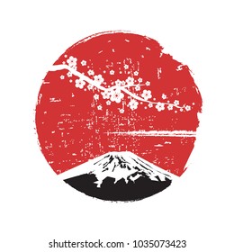 Cherry blossom branch with red sun in Asian style. Sakura blossom and sunrise. Japanese symbols mount Fuji. Vector illustration.