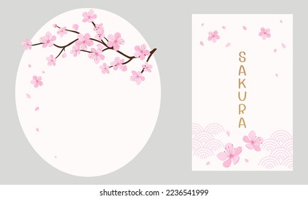 Cherry blossom branch Sakura flower, flying petals and pink water wave on white signs vector illustration.