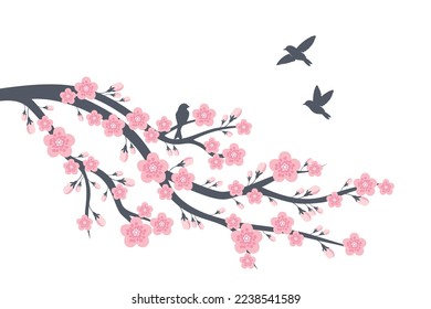 Rama de flor de cerezo con flor de sakura Concepto de decoración mural. Pájaro en la pared de rama diseño pegatina de diseño ilustración vectorial