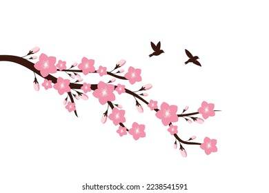 Cherry blossom branch with sakura flower Wall decoration Concept. Bird on branch wall decoration sticker design vector illustration