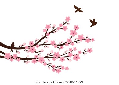 Cherry blossom branch with sakura flower Wall decoration Concept. Bird on branch wall decoration sticker design vector illustration