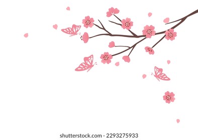 Cherry blossom branch Sakura flower and butterfly cartoons on white background vector illustration.