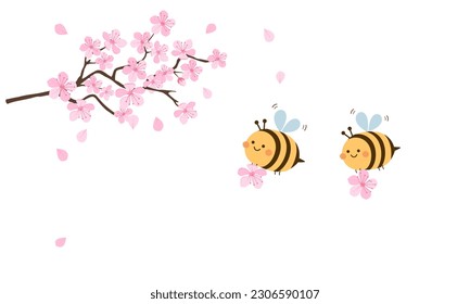 Cherry blossom branch Sakuraflower and bee cartoons isolated on white background vector illustration.