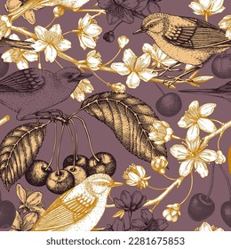 Cherry blossom branch seamless pattern. Vintage spring background with birds vector drawing. Blooming tree in sketch style, sakura flowers, berries, and leaves. Textile, fabric, and texture design