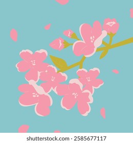 Cherry Blossom Branch. Simple cherry blossom illustration. Scenery with fluttering flowers.