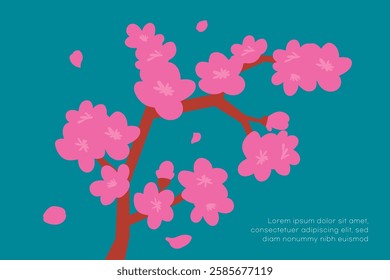 Cherry Blossom Branch. Simple cherry blossom illustration. Scenery with fluttering flowers.