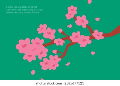 Cherry Blossom Branch. Simple cherry blossom illustration. Scenery with fluttering flowers.