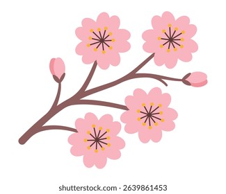 Cherry blossom branch vector illustration. Pink Sakura flowers in bloom. Japanese spring flower, nature decoration, floral clipart, wedding or spa design element. Isolated on white background.