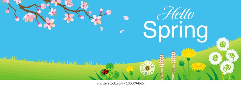 Cherry blossom branch and Wildflowers in the Spring grassland, including words “Hello Spring" -Header ratio