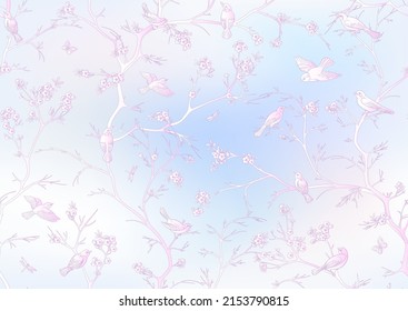 Cherry blossom branches against the sky with sparrow, finches. Seamless pattern, background. Vector illustration. Chinoiserie, traditional oriental botanical motif. In botanical style